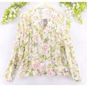 J. Jill Women's Button Front Blouse Long Sleeve V Neck Floral Botanical Sz S NWT